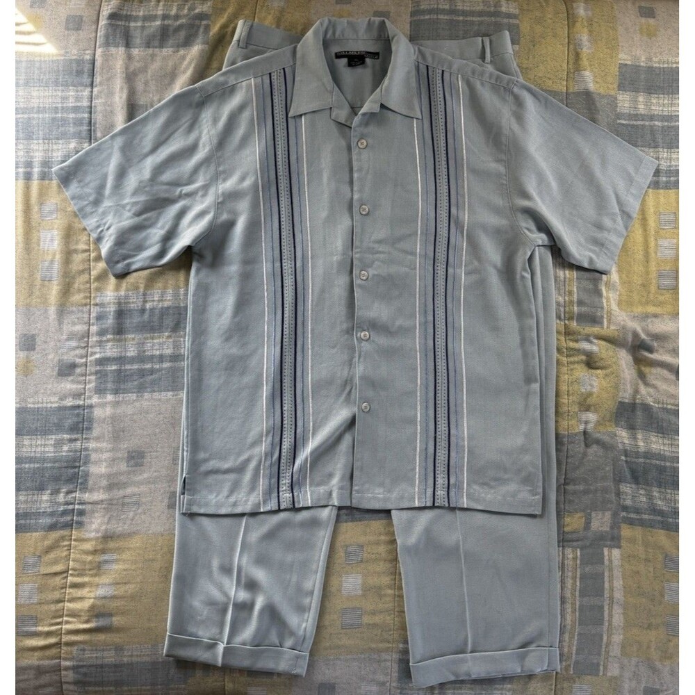 Syllables Aqua Blue Ramie Striped Button Top Bottom Set Men's Sz XXL